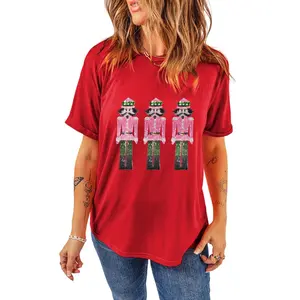 Festive Red Sequined Nutcracker Pattern Crew Neck Graphic Tee for Women