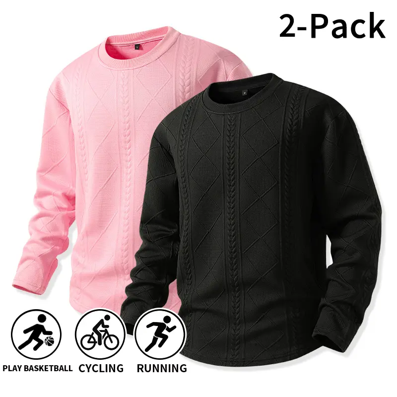 Men’s 2-Pack Basic Polyester Cable-Knit Diamond Jacquard Round Neck Long Sleeve Undershirt Tee - Soft, Breathable, Textured, Lightweight, Machine Washable m Polyester Clothes, Clothes Products for Athleisure Wear, Sporty Chic