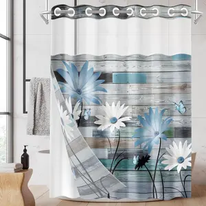 No Hook Vintage Farmhouse Shower Curtain with Snap in Fabric Liner Set, Blue Daisy Floral and Butterfly on Blue Wooden Double Layers Waterproof with See Through Top Bath Curtain 71x74 Inch