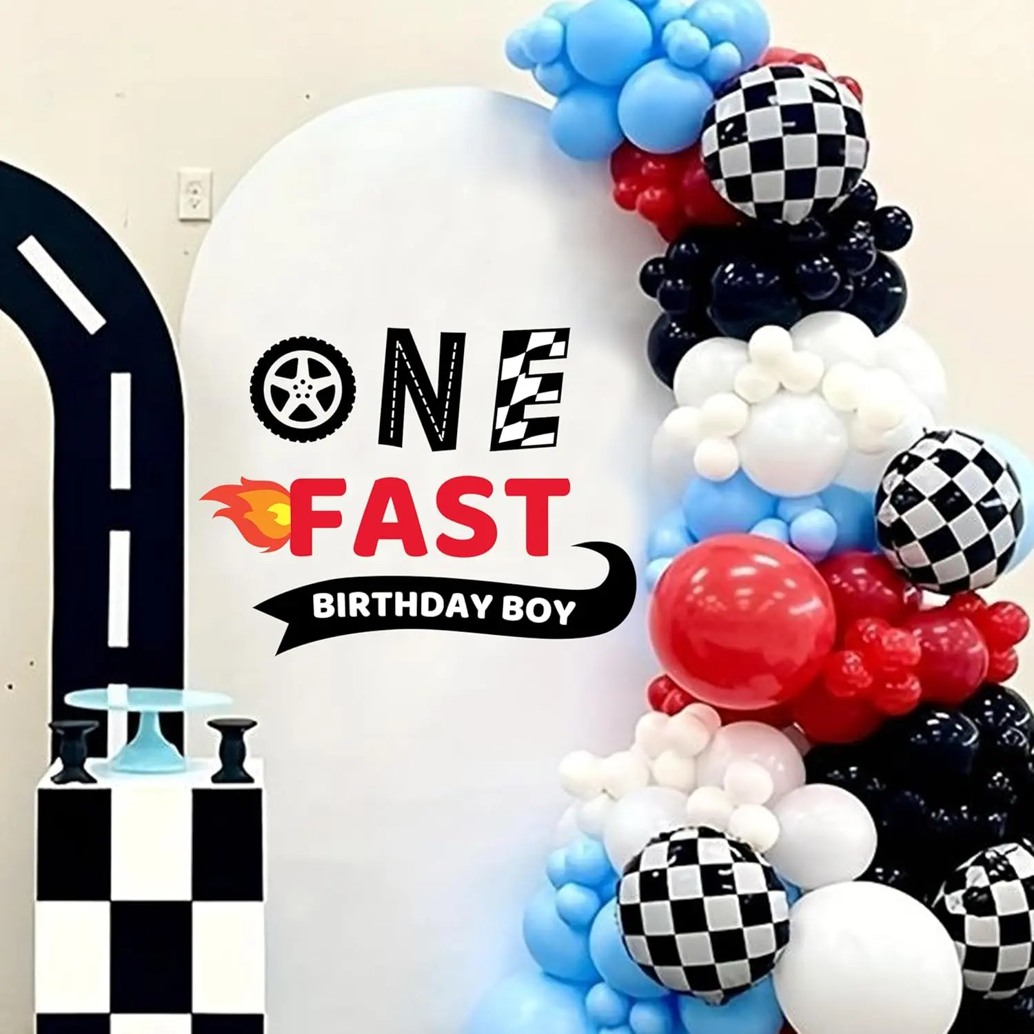 Fast One Party Decal Sign,st Birthday Racing Decal for Balloon Arch,Race Car First Birthday Party Backdrop Sticker,Black and White Fast One Birthday Decal for Wall,Race Car Wall Decoration Signs