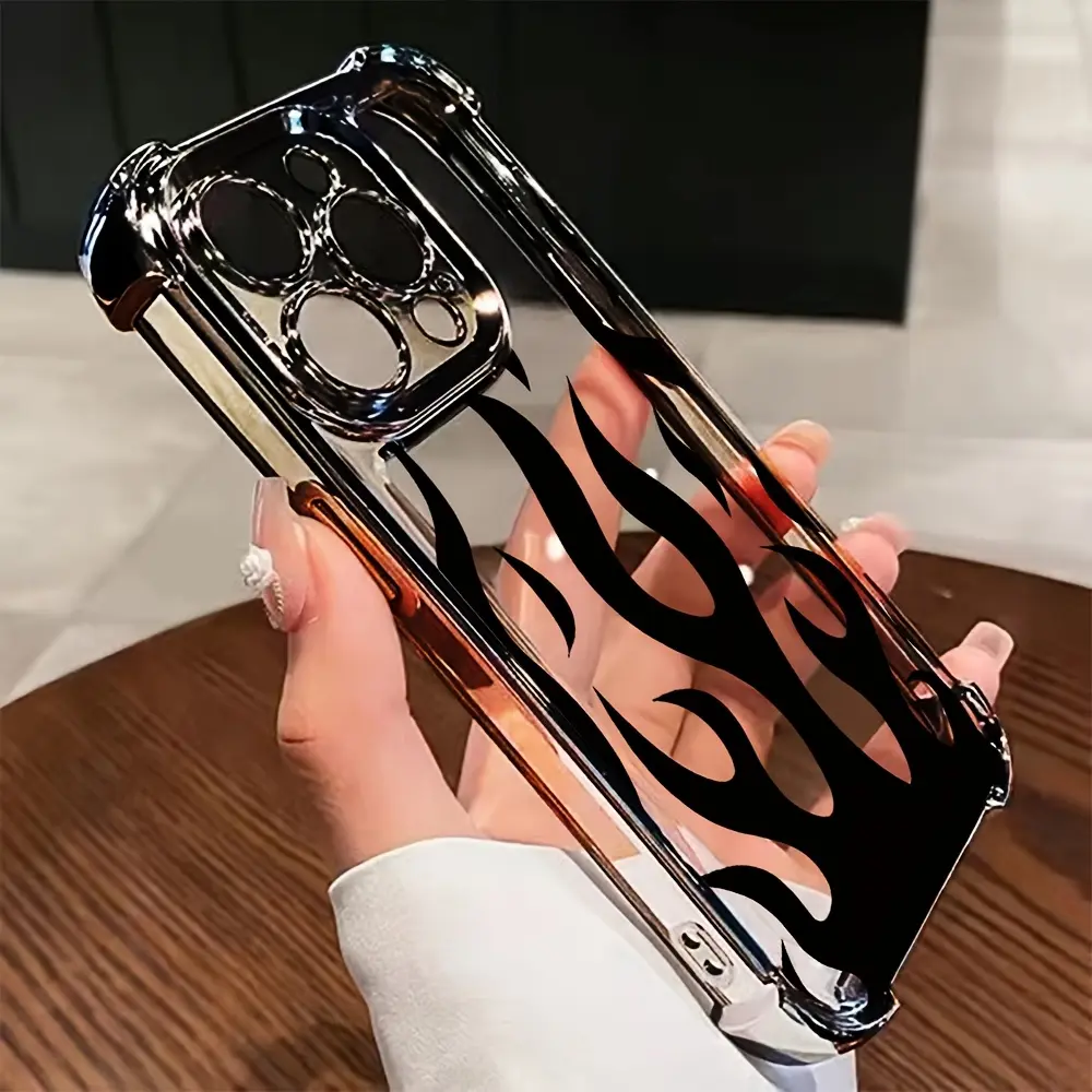 A black flame pattern transparent four-corner anti-drop electroplated phone case suitable for iPhone 17 Air/16 Plus/15 Pro Max/14 Pro/13/12/11/XS Max/X phone case, perfect choice for holiday gifts for family, friends,lovers,boyfriends,girlfriends SJQNDD06