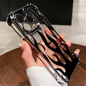 A black flame pattern transparent four-corner anti-drop electroplated phone case suitable for iPhone 17 Air/16 Plus/15 Pro Max/14 Pro/13/12/11/XS Max/X phone case, perfect choice for holiday gifts for family, friends,lovers,boyfriends,girlfriends SJQNDD06