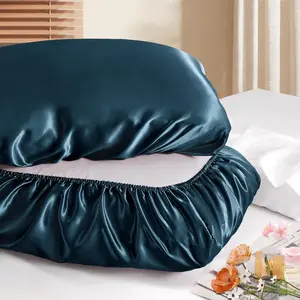 Satin Pillowcases for Hair Protection - 1 count Navy Blue Pillow Cases, Elastic Band Standard &  Satin Pillowcases Luxury Silky Pillow Cases Travel Pillow Covers