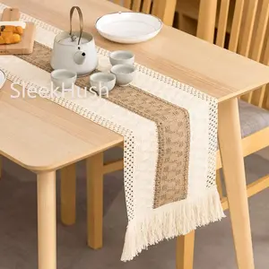 Boho Table Runner 72" x 12" Natural Burlap Table Runner Vintage Rustic Runners for Wedding Bridal Shower Birthday Party Cake Table Decorations