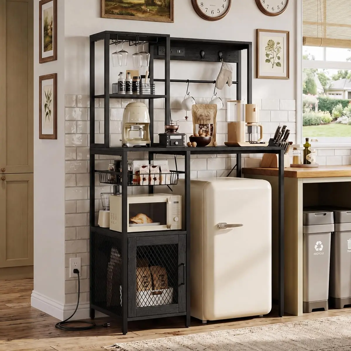Garvee Spacious Kitchen Bakers Rack with Refrigerator Storage – Industrial Microwave Stand with Power Outlet – Freestanding Pantry Storage Shelf – Utility Organizer for Kitchen or Living Room – Rustic Brown