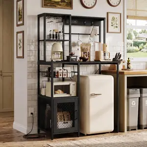 Garvee Spacious Kitchen Bakers Rack with Refrigerator Storage – Industrial Microwave Stand with Power Outlet – Freestanding Pantry Storage Shelf – Utility Organizer for Kitchen or Living Room – Rustic Brown
