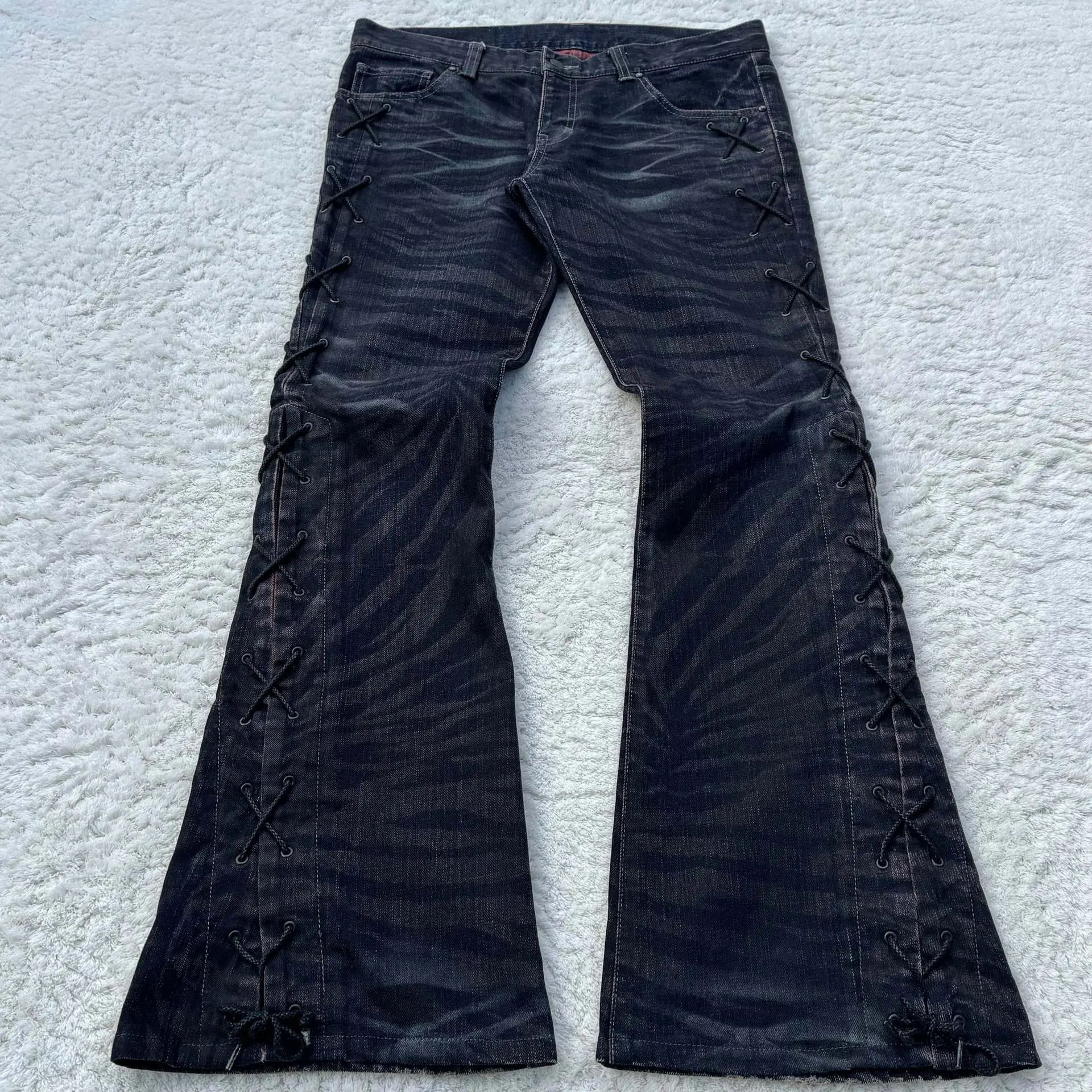 flared jeans for women Y2K Zebra Print Side Criss Cross Tie Vintage Washed Jeans Everyday Outfits