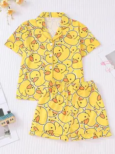Girl's Cartoon Duck Print Top & Elastic Waist Shorts Pyjama Two-piece Set, Cute Comfy Short Sleeve Top & Shorts Pajamas Set, Kids Sleepwear for All Seasons, Pajama Set, Pajamas Loungewear