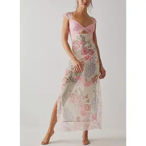 Women Long Bodycon Dress Floral Print Lace Patchwork Cutout V-Neck Sleeveless Dress Summer Slit Backless Party Dress