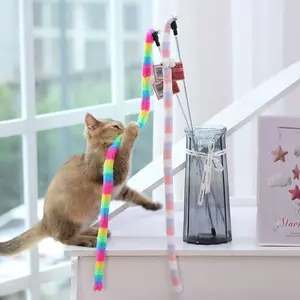 Interactive Cat Teaser Wand, Colorful Plush Caterpillar Cat Toy, Rainbow Plush Worm Cat Stick, Funny Kitten Chasing Toy