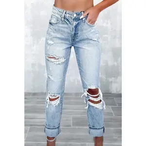 Sky Blue Light Wash Frayed Slim Fit High Waist Jeans