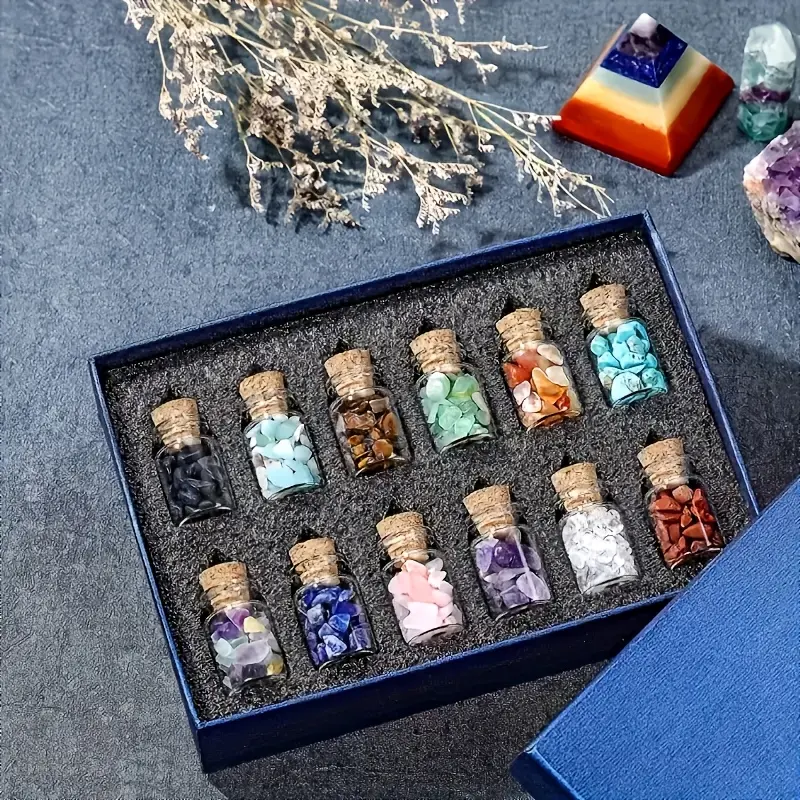 12 Pcs Elegant Crystal Faux Gemstone Wish Jar Set, Natural Stone Lux Chip, Witches Crushed Stone Faux Gemstone Collection with Gift Box for Meditation Decoration, Ideal Christmas Gifts