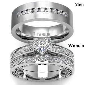His & Hers Promise Rings Set – CZ Crystal Stainless Steel Matching Wedding Bands for Couples