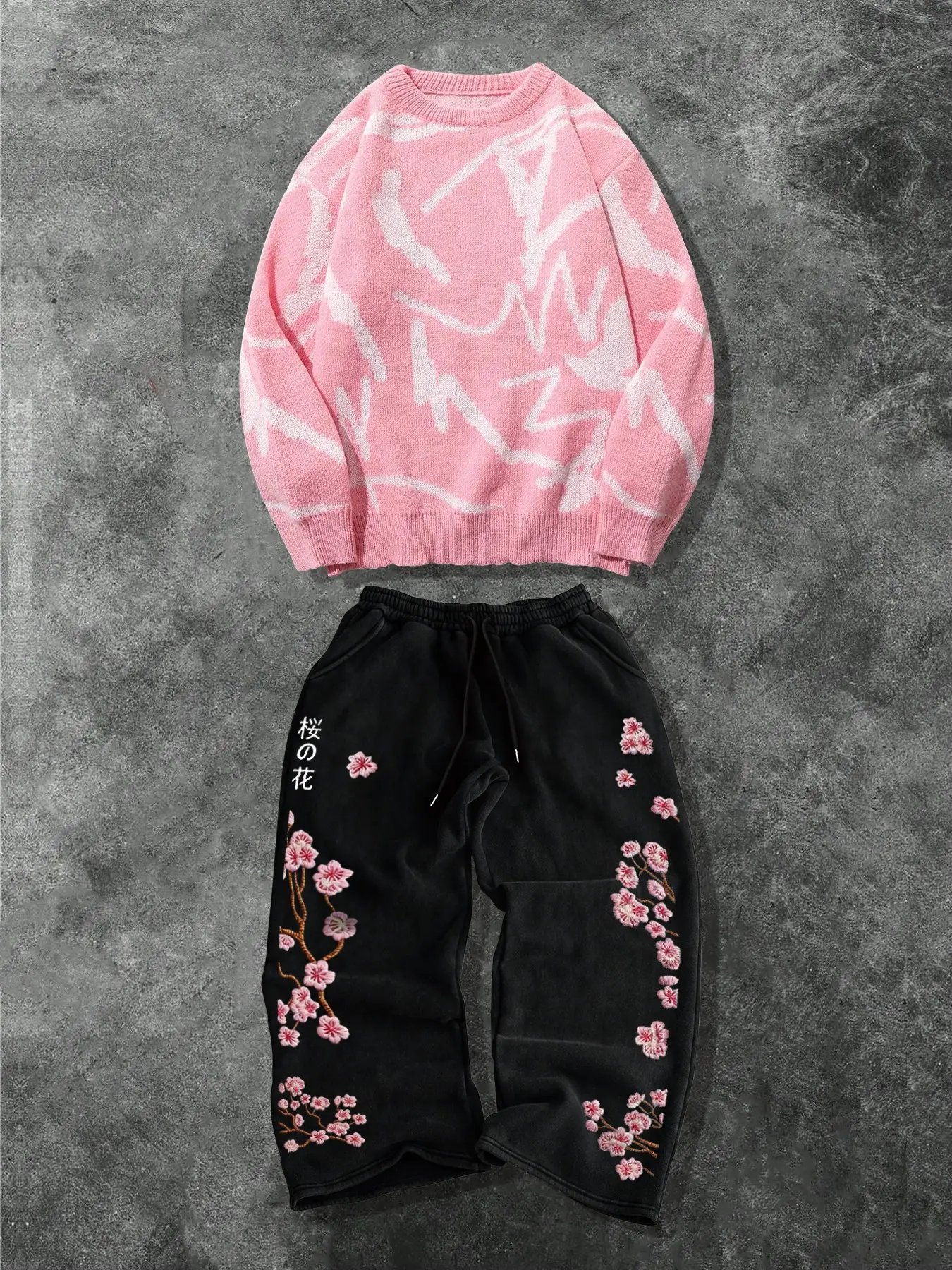 Men's Casual Two-Piece Fashion Set, Soft Comfortable Round Neck Sweater and Drawstring Wide Leg Pants, Floral Print Ideal for Spring & Fall Home and Outings