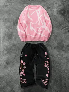 Men's Casual Two-Piece Fashion Set, Soft Comfortable Round Neck Sweater and Drawstring Wide Leg Pants, Floral Print Ideal for Spring & Fall Home and Outings