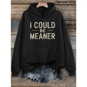 Plus-Size Women's Oversized Hoodie with "I Could Be Meaner" Slogan Print - Grey/White Casual Winter Sweatshirt, Hooded Pullover with Pockets, Cozy Fall & Winter Wear for Curvy Women, Funny Statement Outfit Hoodie
