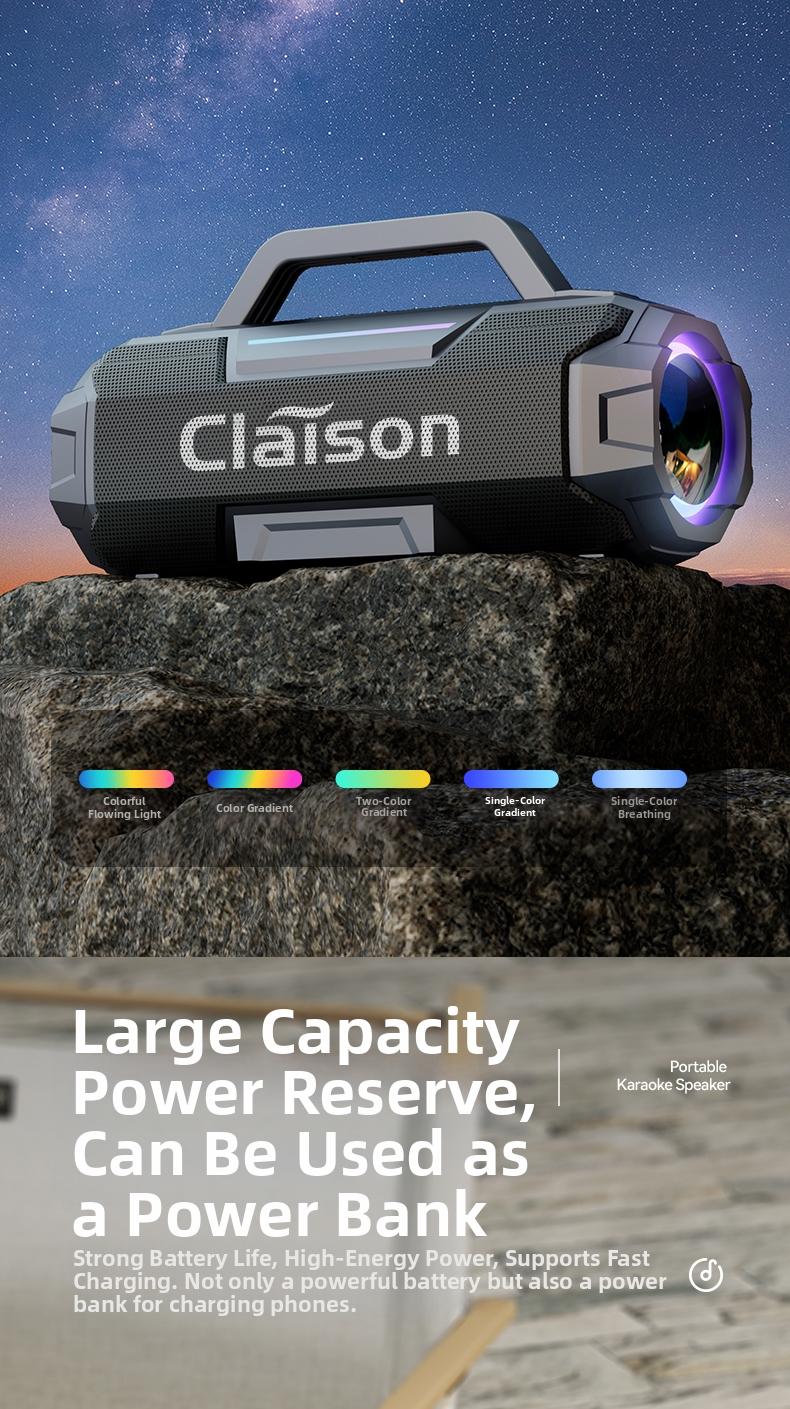 Claison T9 PLUS Outdoor karaoke live streaming speaker, RGB colorful atmosphere lights, dual microphones for high-definition audio, portable power bank, multi-interface compatibility, suitable for live streaming, outdoor use, karaoke.