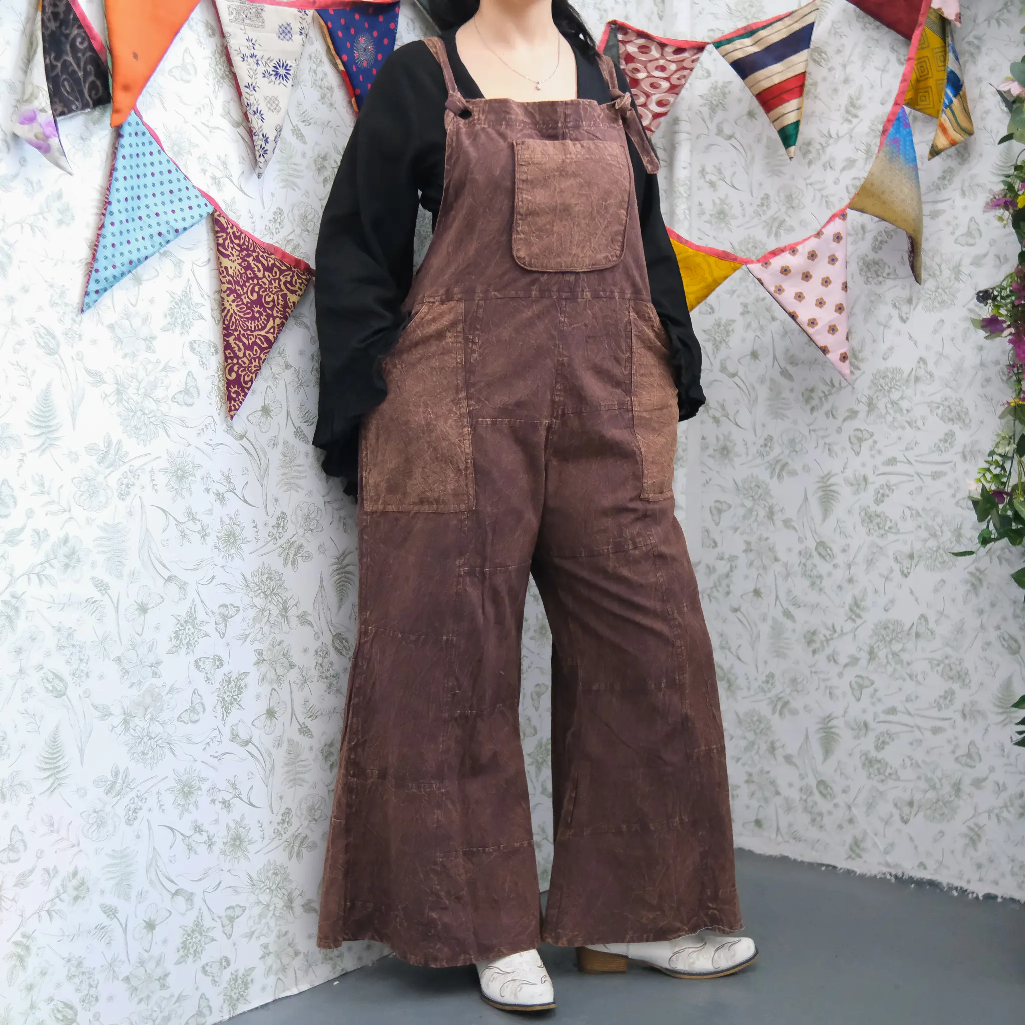 Karma Nepal Crafts Stonewashed Cotton Wide Leg Jumpsuit, Boho Dungarees, Organic Cotton All Season Jumpsuit