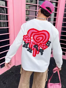 Unisex Y2K Style Valentine's Day Gift, Happy Slogan & Heart Embroidery Graphic Fitted Sweatshirt Tops, Long Round Neck, Suitable for Valentine's Day dates, streetwear, Y2K style outfits, men's gifts, couple's outfits, casual everyday wear for dates.