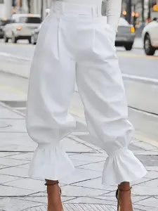 Women's Fashion Urban Casual High Waist Pleated Pocket Pants, Bottoms, Spring Summer Autumn, Ruffle Solid Color Pants, Women's Clothing