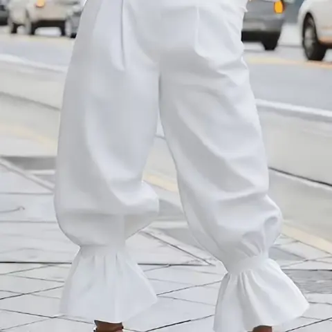 Women's Solid Color High-Waisted Loose Trousers, Spring & Fall Wear, Ruffled Hem Design, Casual Urban Style Loose-fitting Pants, Trendy 2026 Clothing, Comfy Trousers