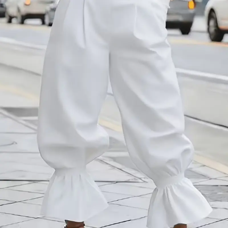 Women's Solid Color High-Waisted Loose Trousers, Spring & Fall Wear, Ruffled Hem Design, Casual Urban Style Loose-fitting Pants, Trendy 2026 Clothing, Comfy Trousers