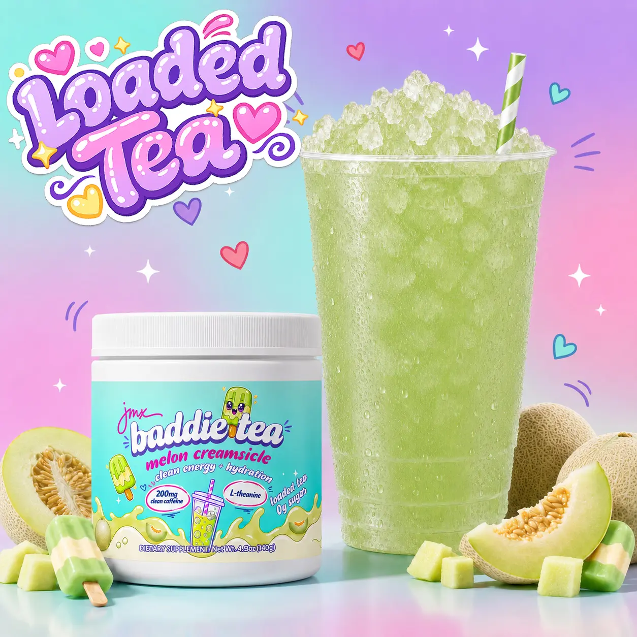 JMX Baddie Tea - Loaded Tea, Melon Creamsicle Flavor, 200mg Clean Caffeine, L-Theanine, B-Complex, 0g Sugar, Clean Energy + Hydration