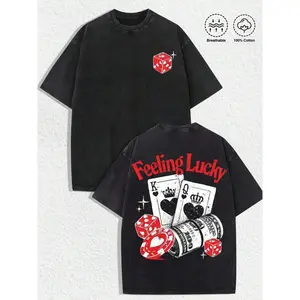 1 PCS Retro "Feeling Lucky - Casino Elements" Graphic Tee: Featuring Distressed Vintage Finish, Front Mini Red Dice Print, Back Bold "Feeling Lucky" Letter Print In Red, Artistic Illustration Of King & Queen Poker Cards, Dice