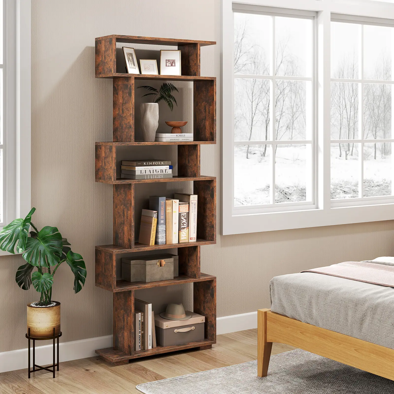 COSTWAY - 6-Tier Geometric Bookshelf with 2 Anti-Tipping Kits for Home Office-Brown