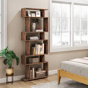 COSTWAY - 6-Tier Geometric Bookshelf with 2 Anti-Tipping Kits for Home Office-Brown