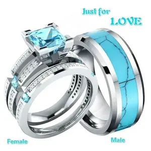 Couple Rings, Wedding Rings, Engagement Rings Turquoise Pattern with Cubic Zirconia Stone, Fashion Jewelry Gift for Couple Wedding Engagement Party