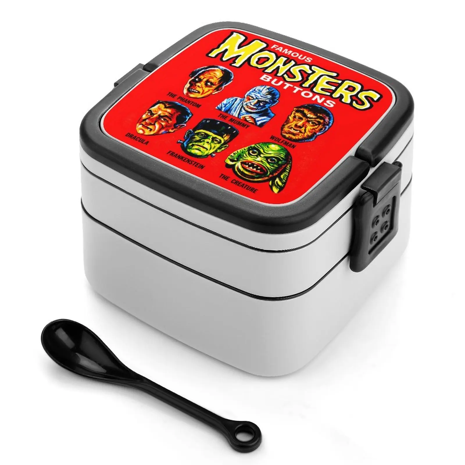 FAMOUS MONSTERS Bento Lunch Box | 2 Separate Layers Includes Spoon | Monster Theme 60s