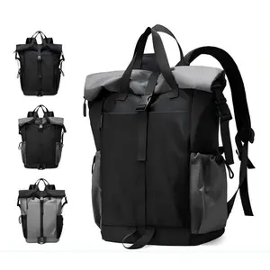 Trendy Brand Foldable Roll-Top Backpack Lightweight Sports Functional Style Double Shoulder Bag for Outdoor Hiking Travel in Black & Gray