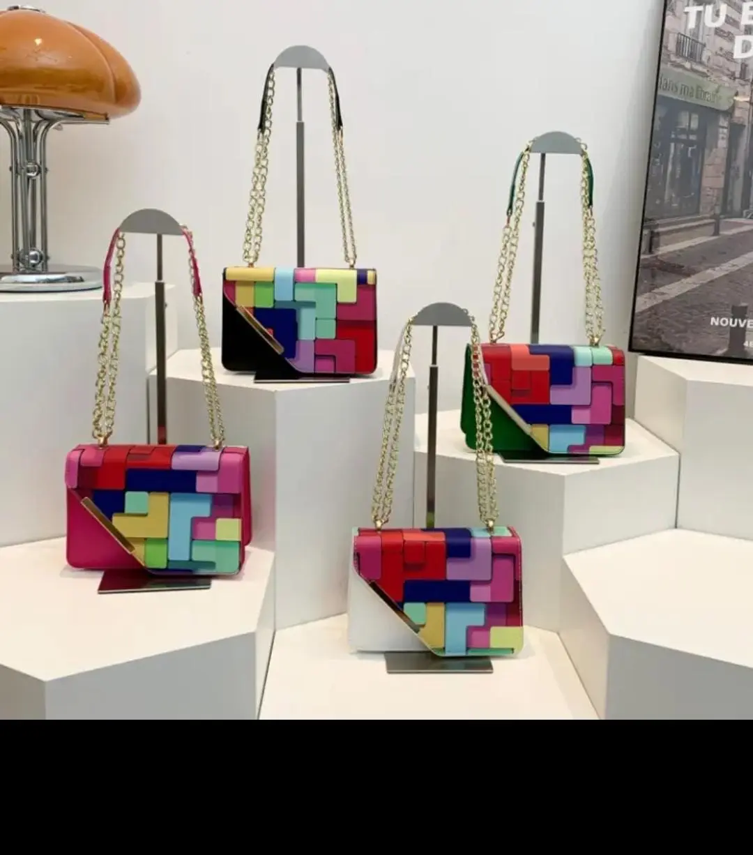 Women's Color Block Chain Shoulder Bag Fashion Crossbody Purse kraft paper