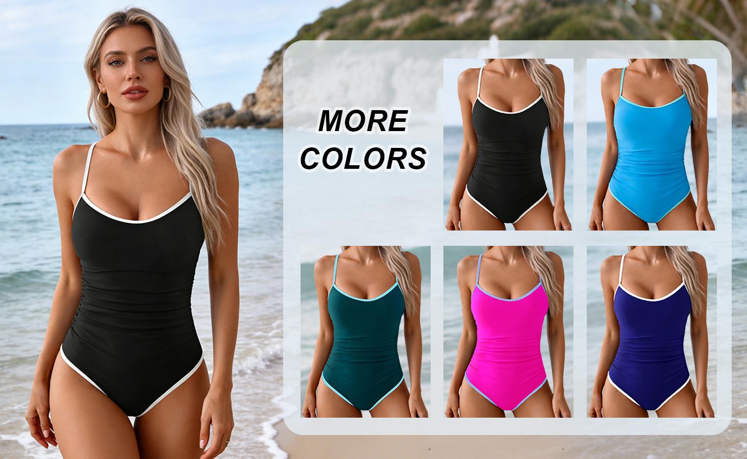 B2LOVER Women's One Piece Swimsuit Tummy Control Slimming Bathing Suit Color Block Spaghetti Strap 1 Piece Swim Suit Swimwear
