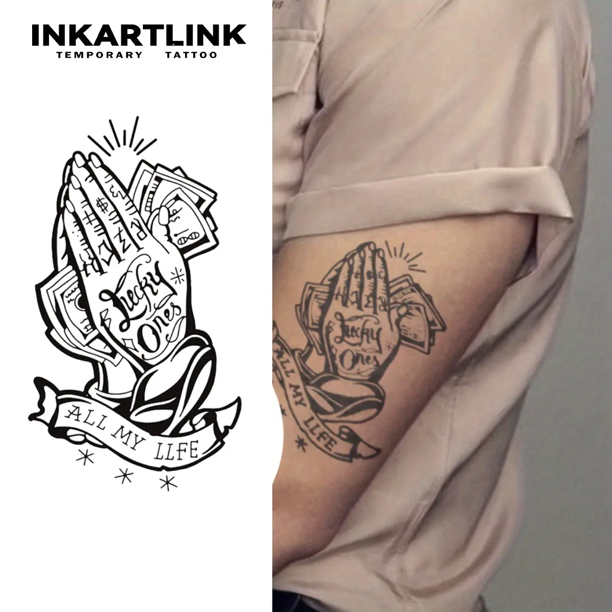 INKARTLINK Temporary Tattoo Sticker Sheets (2-Pack) - Realistic Hands Shape Fake Tattoo for Adults, Waterproof Long Lasting Semi-Permanent Art, All Skin Compatible, 1-2 Weeks Wear, Single Item Option, Tattoo Art
