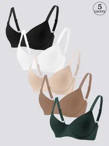5-piece set of solid color seamless women's bras, Unlined breathable bra, suitable for daily casual wear, skin-friendly, high-support push-up style, underwire with integrated padding, adjustable shoulder straps with back hook design