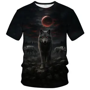 Unisex 3D Wolf & Blood Moon T - Shirt, Dark Night Wolf Pack with Red Eyes Graphic Tee, Halloween Casual Outdoor Apparel for Men & Women