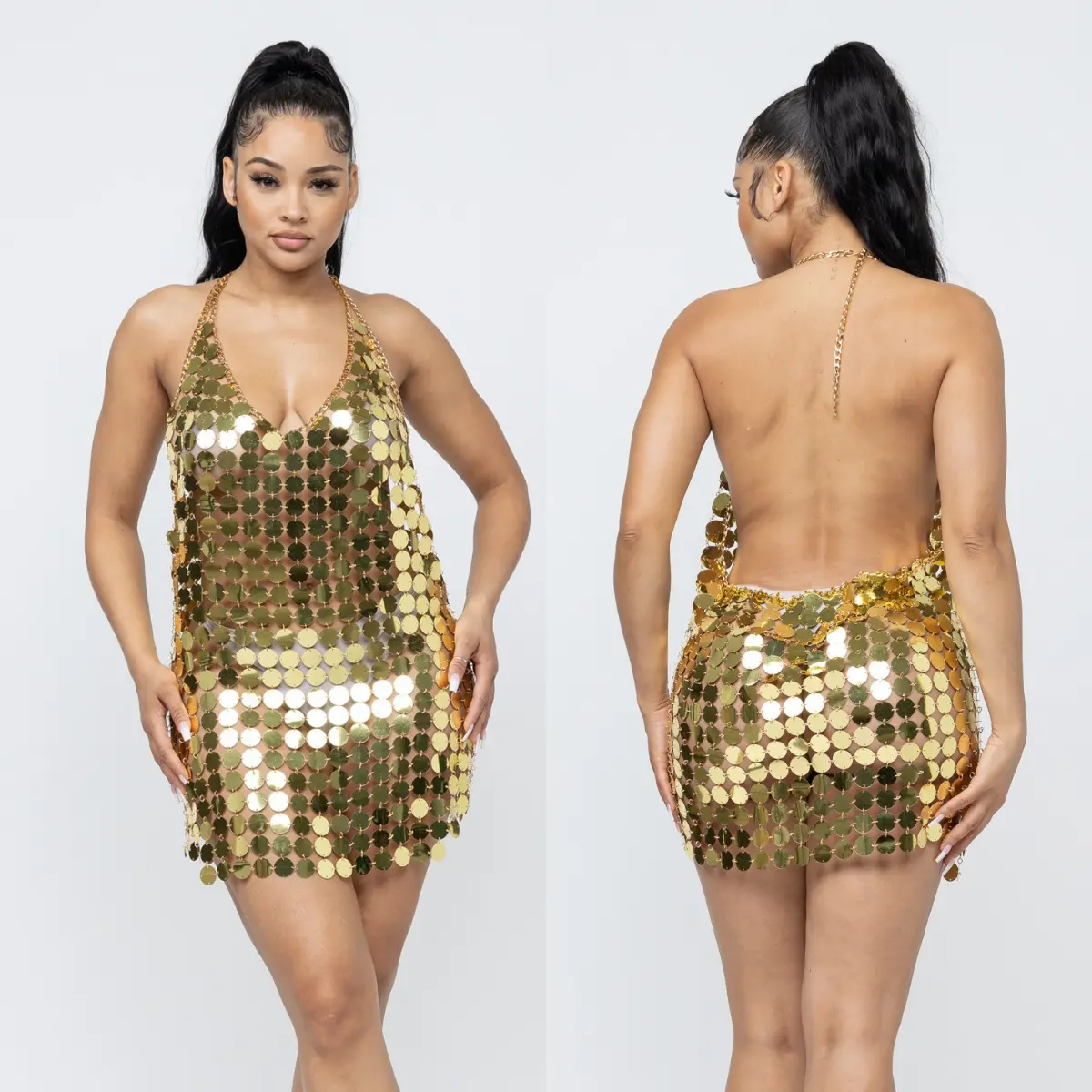 Lora Dics Chanmail Sequin Open Back Halter Mini Dress