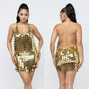 Lora Dics Chanmail Sequin Open Back Halter Mini Dress