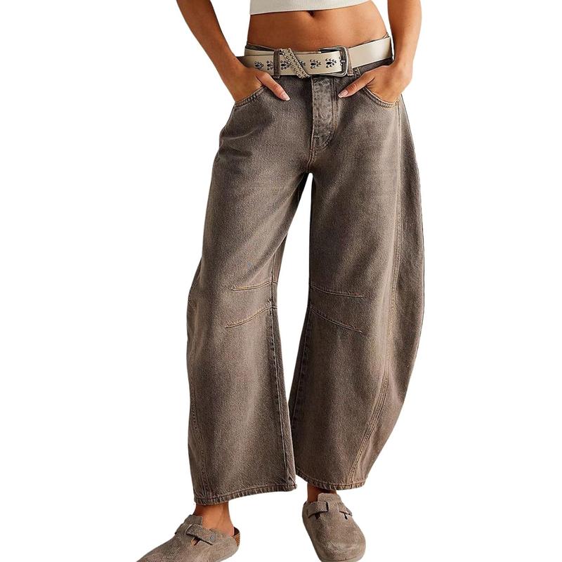 Chouyatou Barrel Jeans Women Wide Leg Cropped Jeans Y2k Mid Rise Baggy Jeans Boyfriend Denim Pants Harem Pants Vintage Breathable