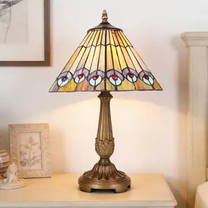 11.8 Inch Tiffany Style Peacock Feather Stained Glass Table Lamp, Antique Bronze Resin Frame, E26 Base, In-Line Switch Control for Bedroom Living Room Home Office Study