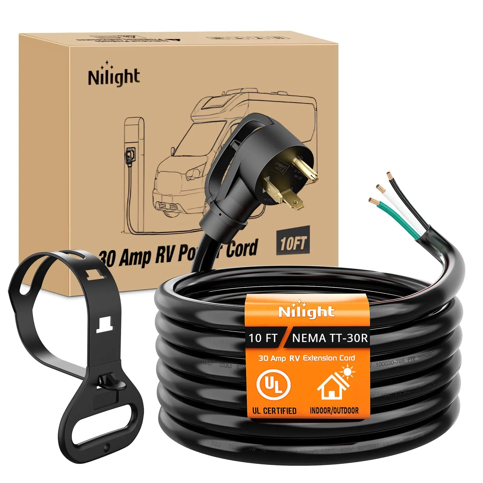 Nilight 30 Amp 10FT RV Replacement Power Cord NEMA TT-30P to Open End 3 Wire 125V Heavy Duty 10 Gauge STW Outdoor 3-Prong Extension Cable UL Listed Weatherproof for Camper Caravan Trailer Generator