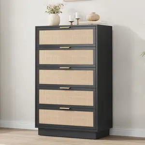 Garvee MDF+PB Vertical Narrow Edge 5-Drawer Chest with Durable Construction, Space-Saving Design, Elegant Rattan Weave, Sturdy Storage, and Modern Style for Organized Living