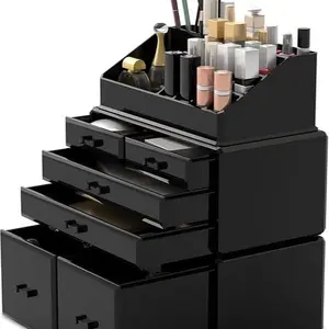 Makeup Organizer 3 Pieces Cosmetic Storage Case with 6 Drawers (Black)