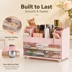 Pink light-luxury multifunctional storage makeup organizer box with divider design, durable, includes two drawers, large capacity