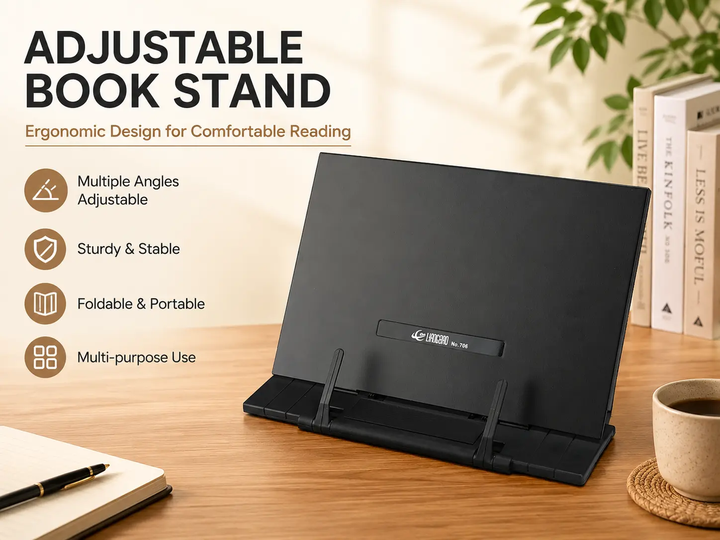 ABS Adjustable Foldable Copyholder with Page Clips, Portable Desktop Book Stand for Reading, Typing & Studying, Black Office Desk Organizer Accessory for Students