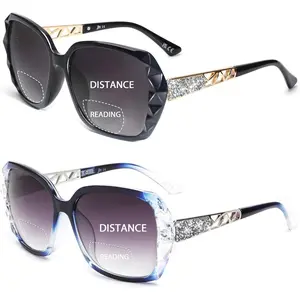 2 Pack Bifocal Sunglasses for Women, Oversized Fashion Square Reader Sunglasses, Black & Blue Reading Sunglasses +2.5