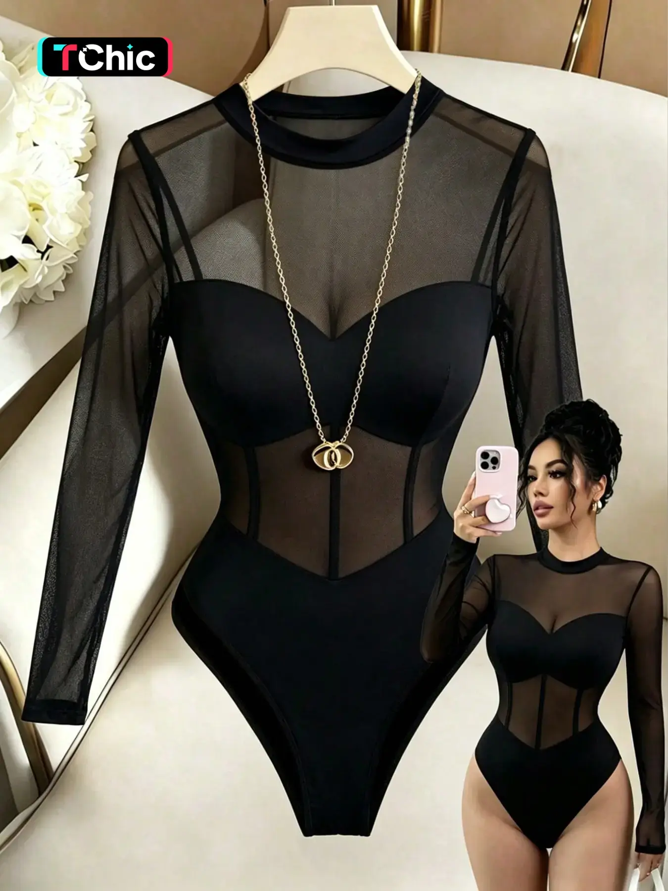 New Women's Stand Collar Mesh Patchwork Knit Fabric Long Sleeve Vacation Party Date Sexy Elegant Minimalist One-Piece Jumpsuit Bodysuit