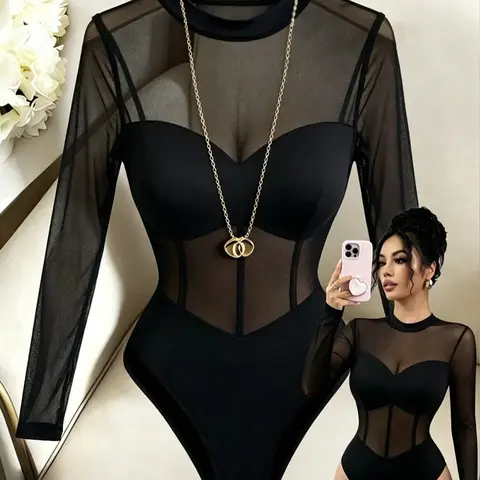 New Women's Stand Collar Mesh Patchwork Knit Fabric Long Sleeve Vacation Party Date Sexy Elegant Minimalist One-Piece Jumpsuit Bodysuit Knitted Bodysuits